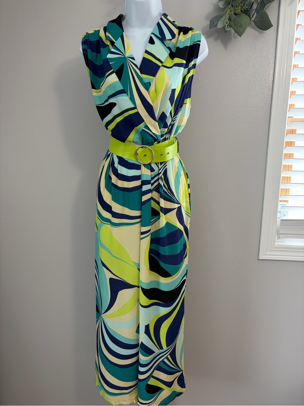 NWT One n More Sleeveless Green & Blue Abstract Print Jumpsuit with Belt